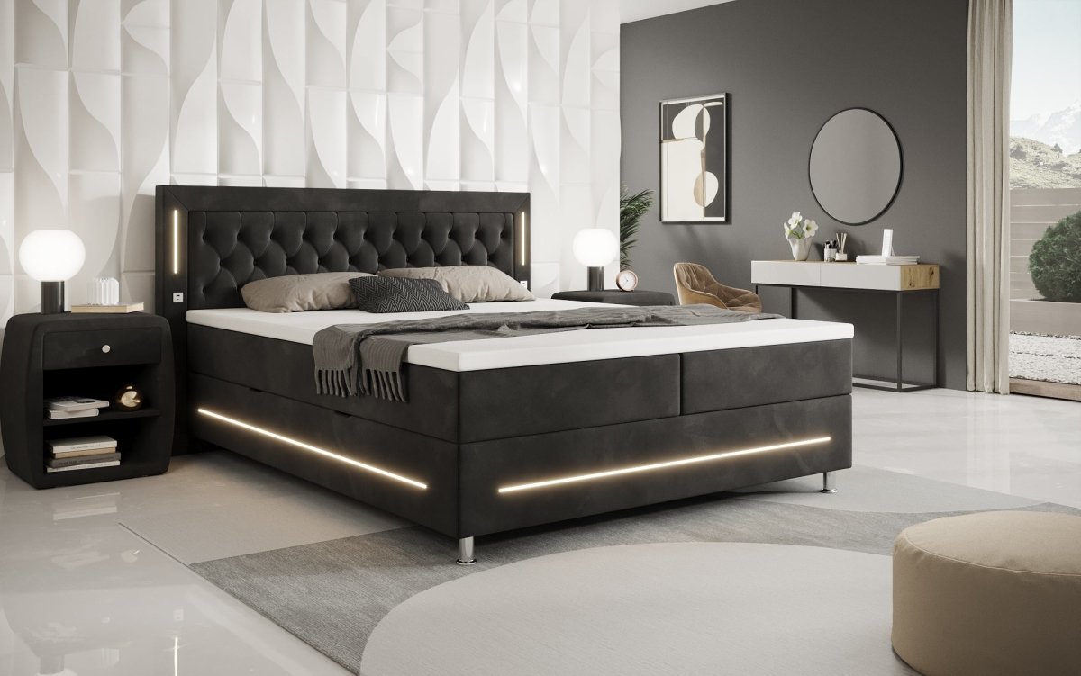 Luxuriöses Boxspringbett Tino: RGB-Beleuchtung, USB-Anschlüsse, praktischer Stauraum für Ihr Zuhause