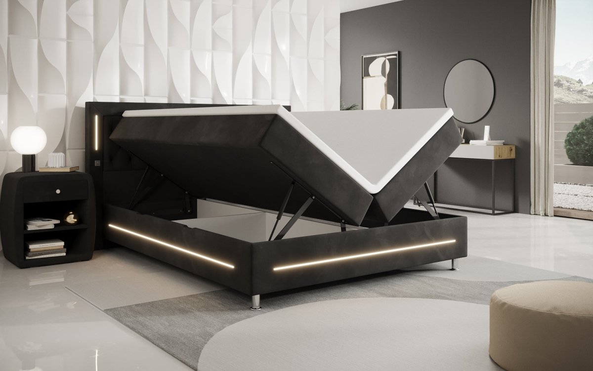 Luxuriöses Boxspringbett Tino: RGB-Beleuchtung, USB-Anschlüsse, praktischer Stauraum für Ihr Zuhause