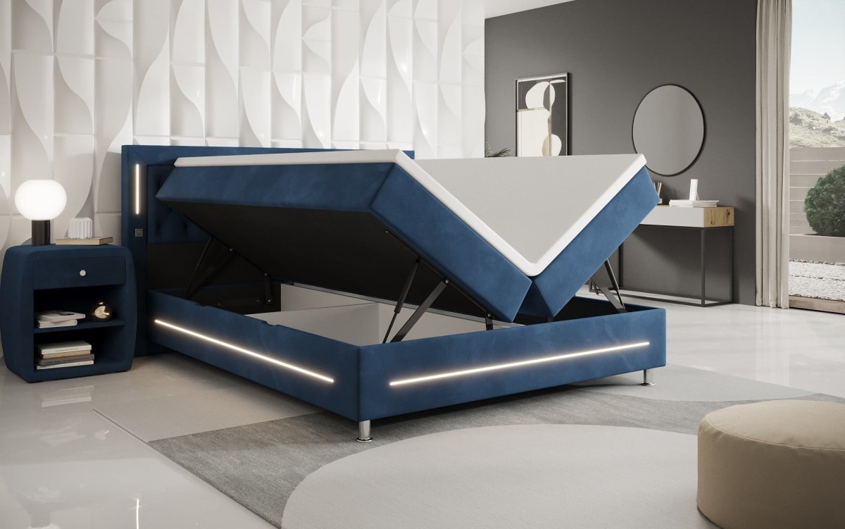 Luxuriöses Boxspringbett Tino: RGB-Beleuchtung, USB-Anschlüsse, praktischer Stauraum für Ihr Zuhause
