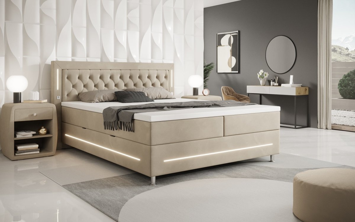 Luxuriöses Boxspringbett Tino: RGB-Beleuchtung, USB-Anschlüsse, praktischer Stauraum für Ihr Zuhause