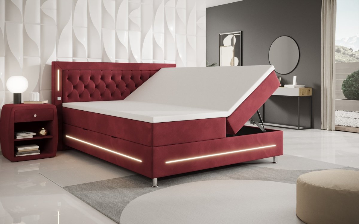 Luxuriöses Boxspringbett Tino: RGB-Beleuchtung, USB-Anschlüsse, praktischer Stauraum für Ihr Zuhause