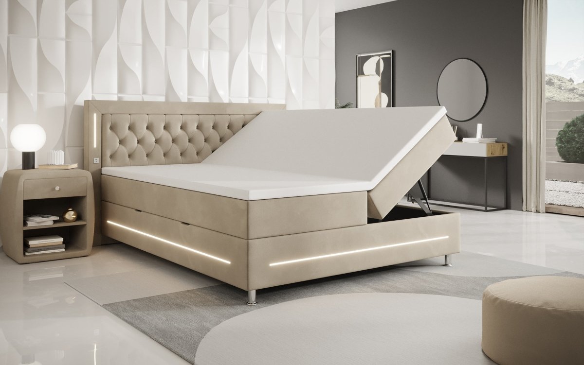 Luxuriöses Boxspringbett Tino: RGB-Beleuchtung, USB-Anschlüsse, praktischer Stauraum für Ihr Zuhause