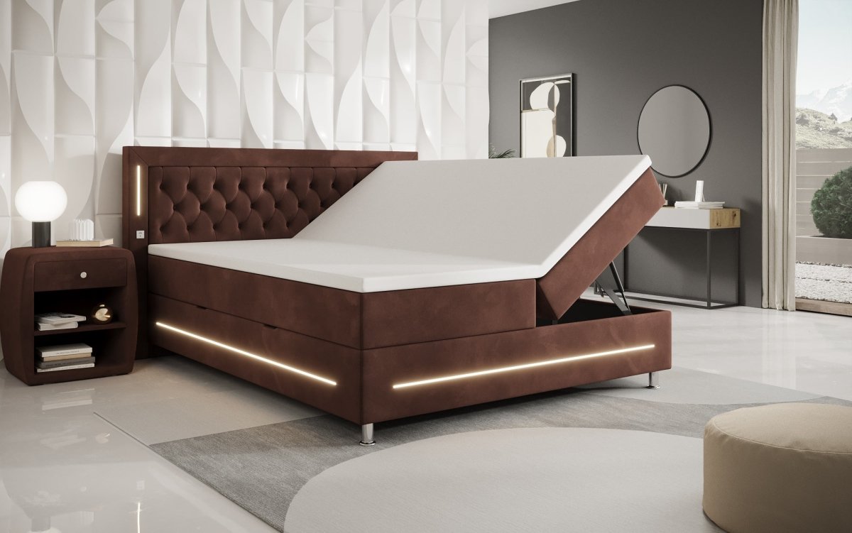 Luxuriöses Boxspringbett Tino: RGB-Beleuchtung, USB-Anschlüsse, praktischer Stauraum für Ihr Zuhause