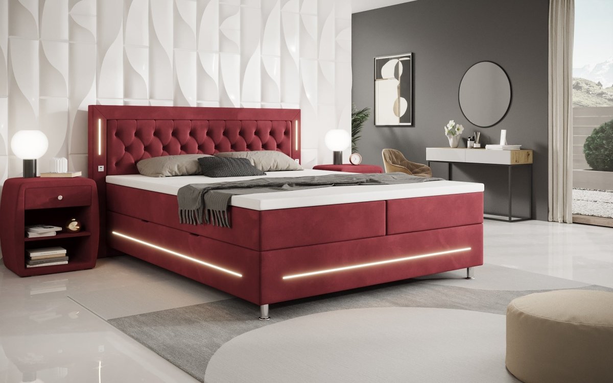 Luxuriöses Boxspringbett Tino: RGB-Beleuchtung, USB-Anschlüsse, praktischer Stauraum für Ihr Zuhause