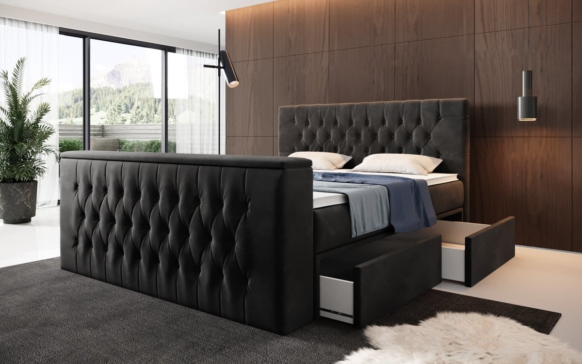 Luxuriöses Boxspringbett Vulnero mit integriertem TV-Lift und praktischem Stauraum