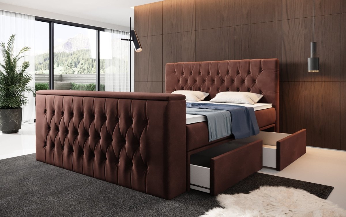Luxuriöses Boxspringbett Vulnero mit integriertem TV-Lift und praktischem Stauraum