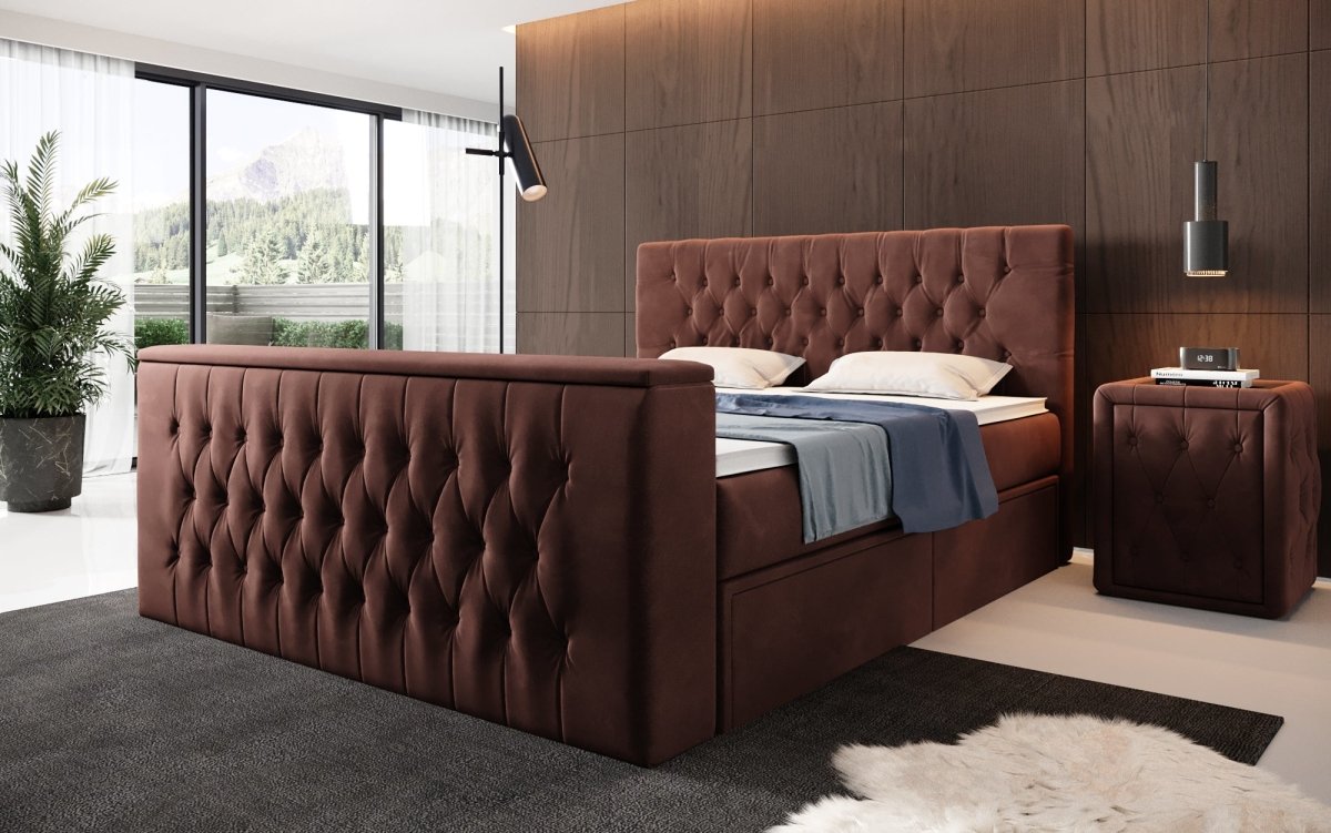 Luxuriöses Boxspringbett Vulnero mit integriertem TV-Lift und praktischem Stauraum