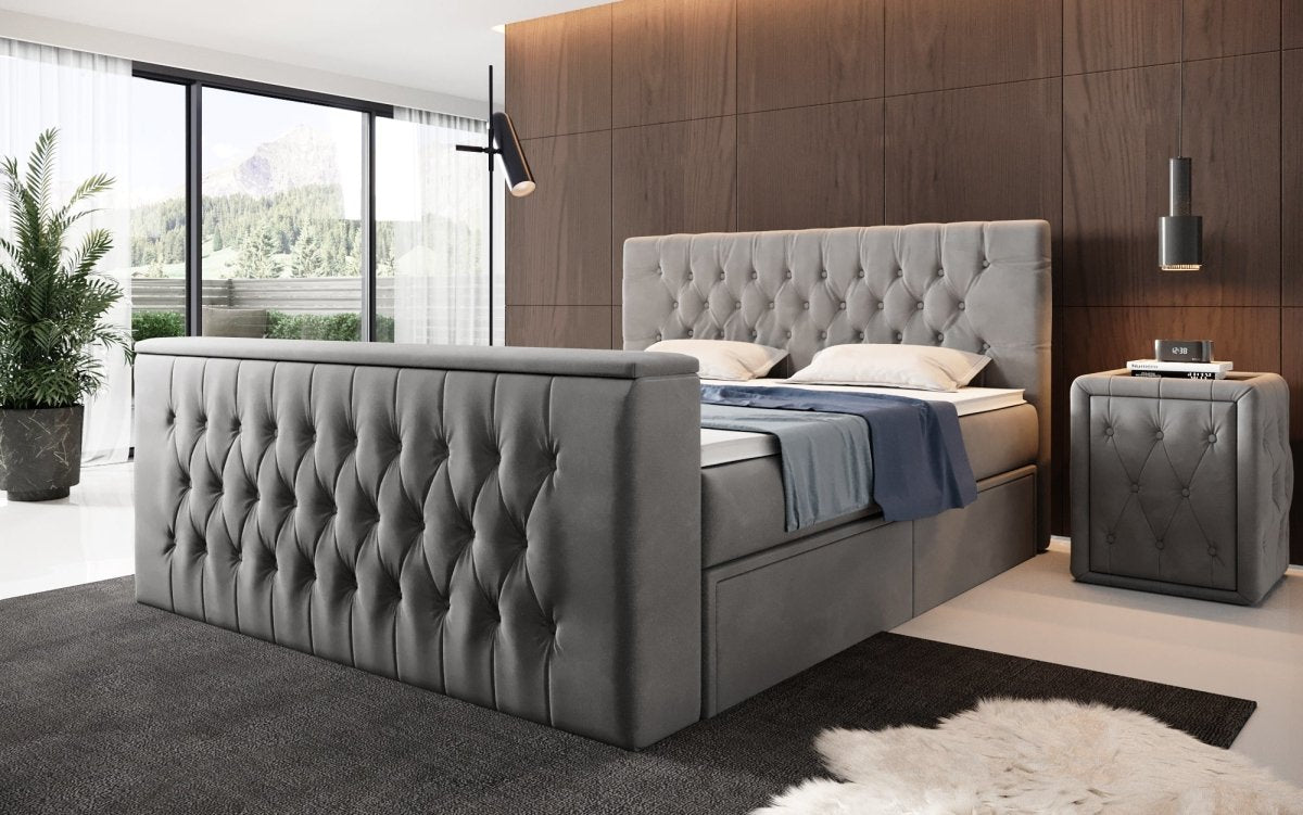 Luxuriöses Boxspringbett Vulnero mit integriertem TV-Lift und praktischem Stauraum