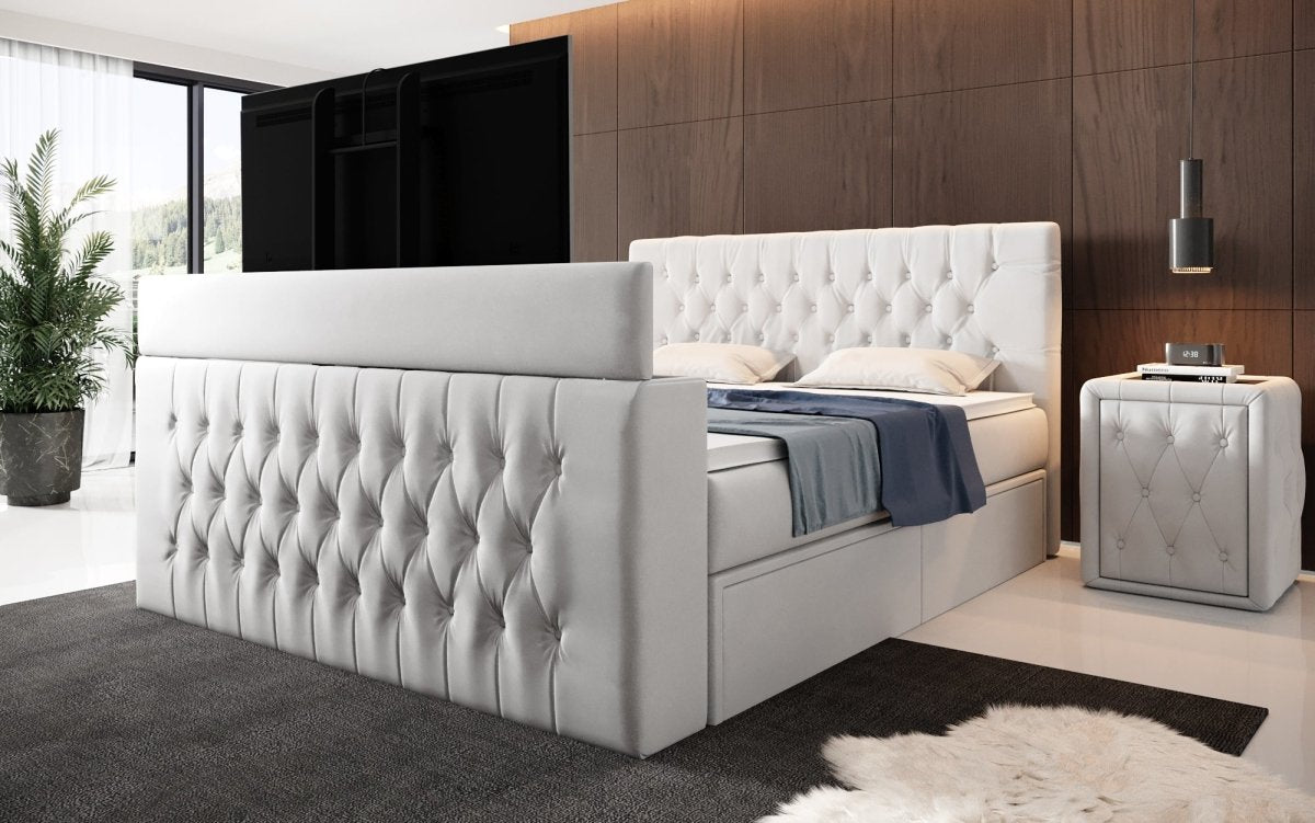 Luxuriöses Boxspringbett Vulnero mit integriertem TV-Lift und praktischem Stauraum