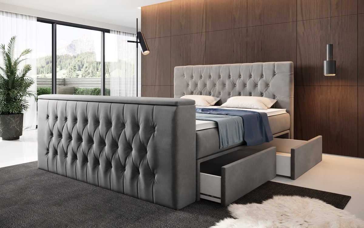 Luxuriöses Boxspringbett Vulnero mit integriertem TV-Lift und praktischem Stauraum
