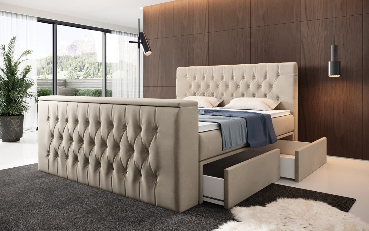 Luxuriöses Boxspringbett Vulnero mit integriertem TV-Lift und praktischem Stauraum