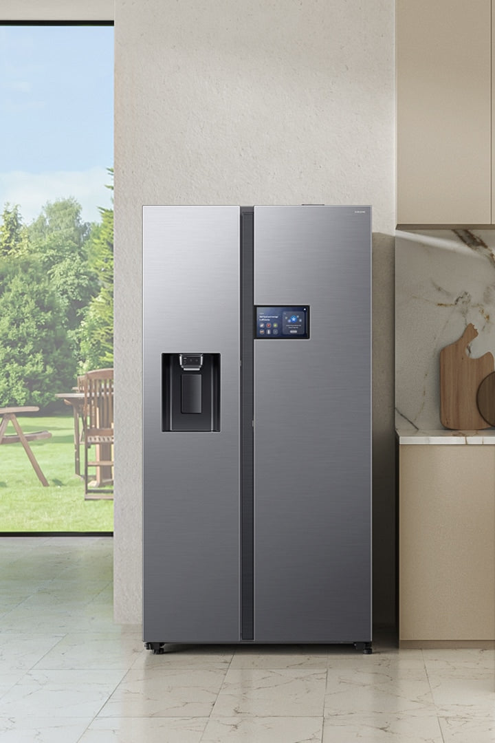 Samsung AI Home Side-by-Side Kühlschrank: 9-Zoll Display, Wasserspender, Edelstahl-Look