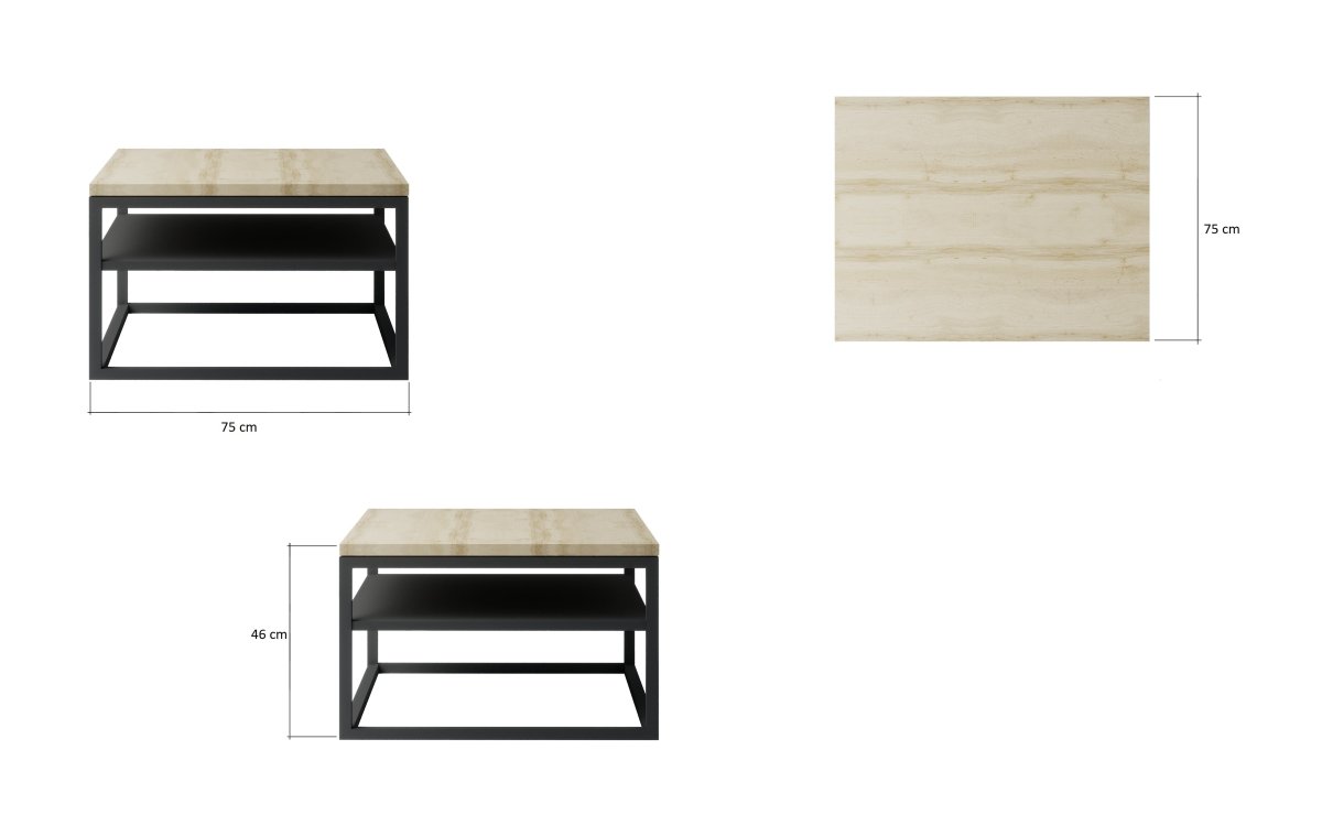 Lidia Designer Couchtisch Quadratisch mit Zwei Ablagen, Schwarze Beine, Sonoma Eiche