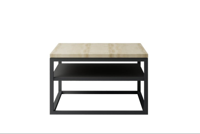 Lidia Designer Couchtisch Quadratisch mit Zwei Ablagen, Schwarze Beine, Sonoma Eiche