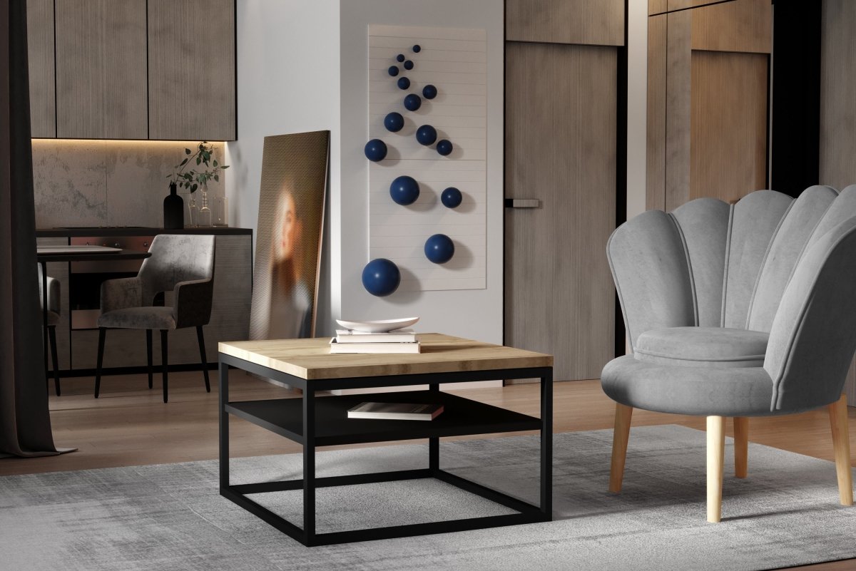 Lidia Designer Couchtisch Quadratisch mit Zwei Ablagen, Schwarze Beine, Sonoma Eiche