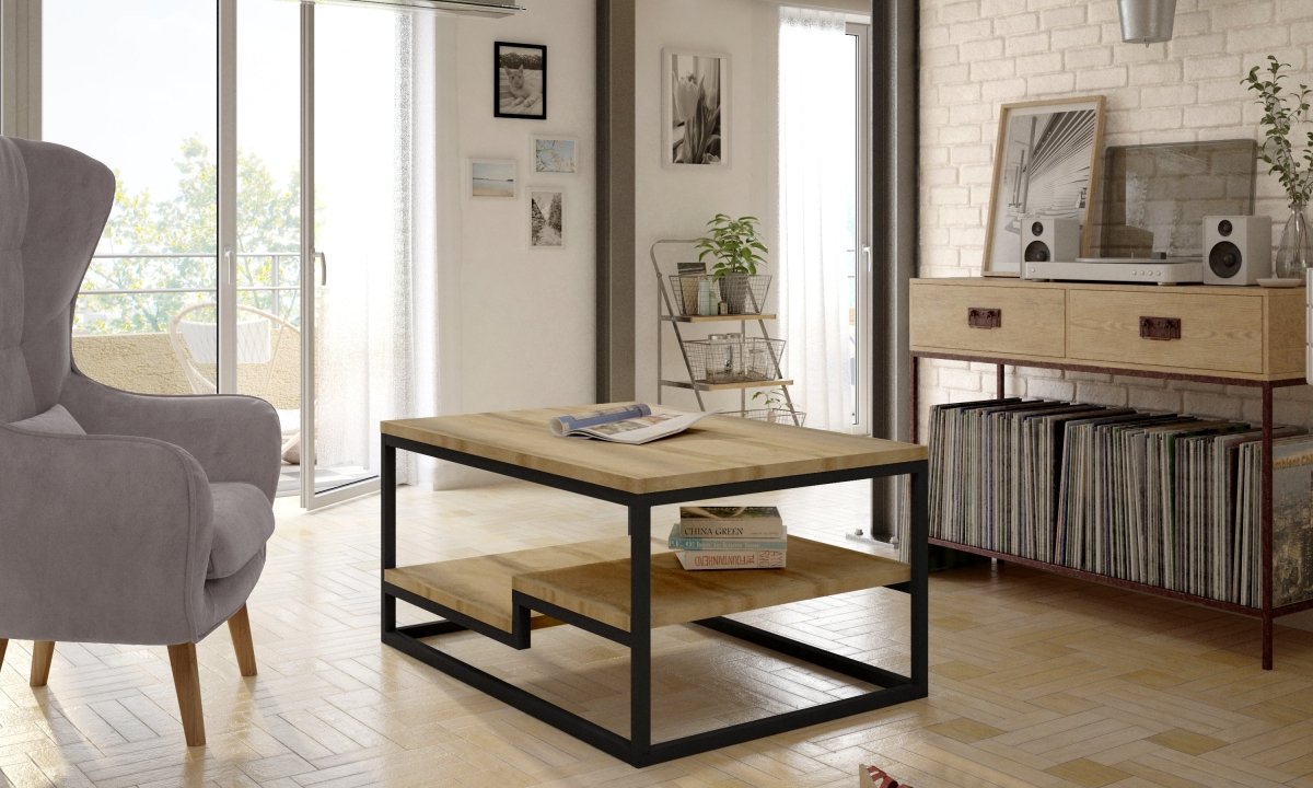 Melvi Designer Couchtisch: Eleganter Sonoma Eiche & Stahl Wohnzimmer Tisch