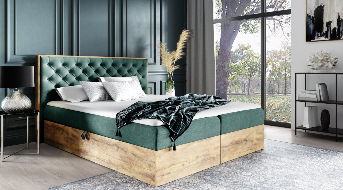Designer Holzbett Neola mit Stauraum: Modernes Massivholz-Bettgestell, elegant, funktional, stilvoll