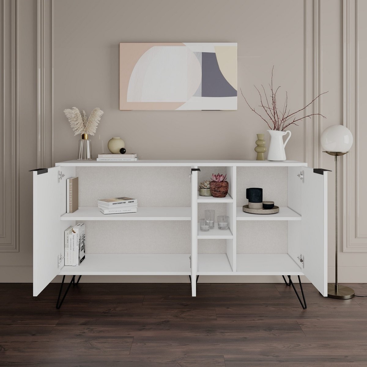 Luxuriöse Designer Kommode Clara: Modernes Sideboard mit Türen, offenen Fächern
