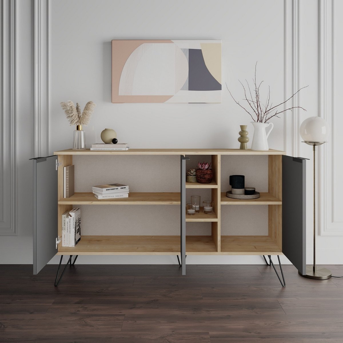 Luxuriöse Designer Kommode Clara: Modernes Sideboard mit Türen, offenen Fächern