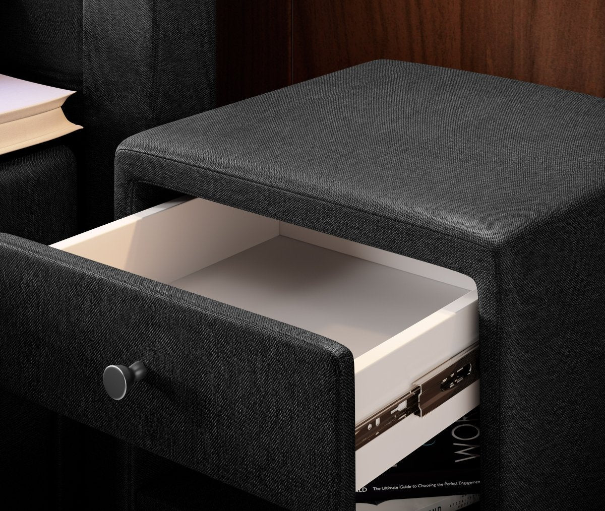 Eleganter Designer Nachttisch Nira aus Stoff für modernes Schlafzimmer