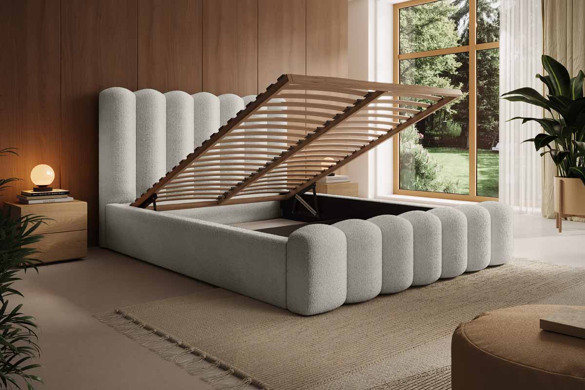 Amore Bouclé Design Polsterbett mit cleverem Stauraum – Luxuriöser Schlafkomfort