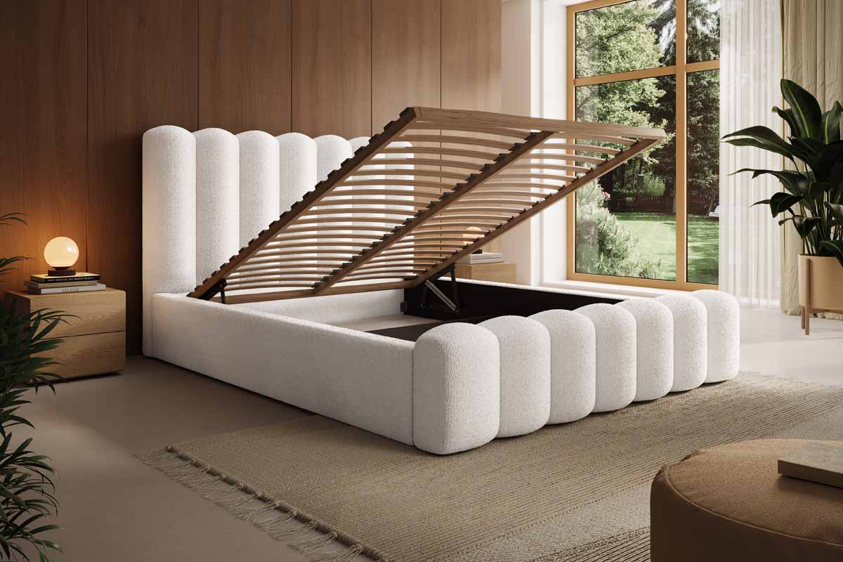 Amore Bouclé Design Polsterbett mit cleverem Stauraum – Luxuriöser Schlafkomfort
