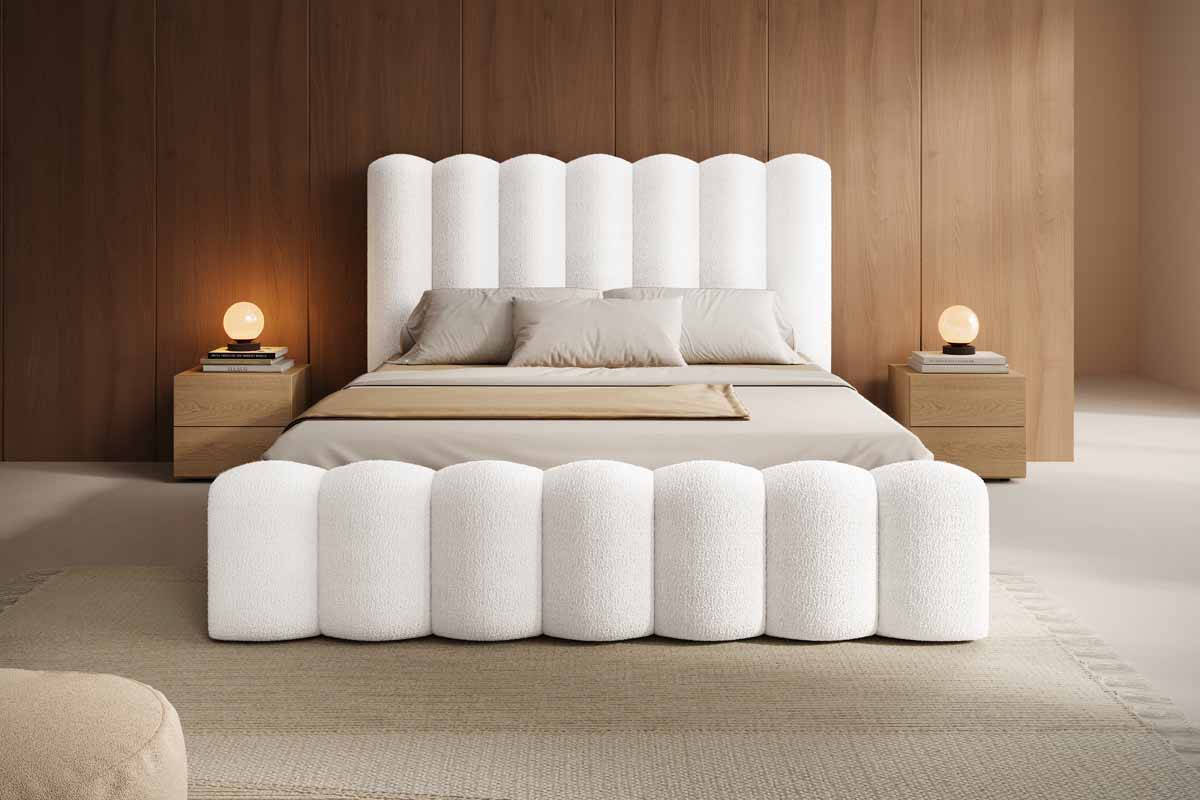 Amore Bouclé Design Polsterbett mit cleverem Stauraum – Luxuriöser Schlafkomfort