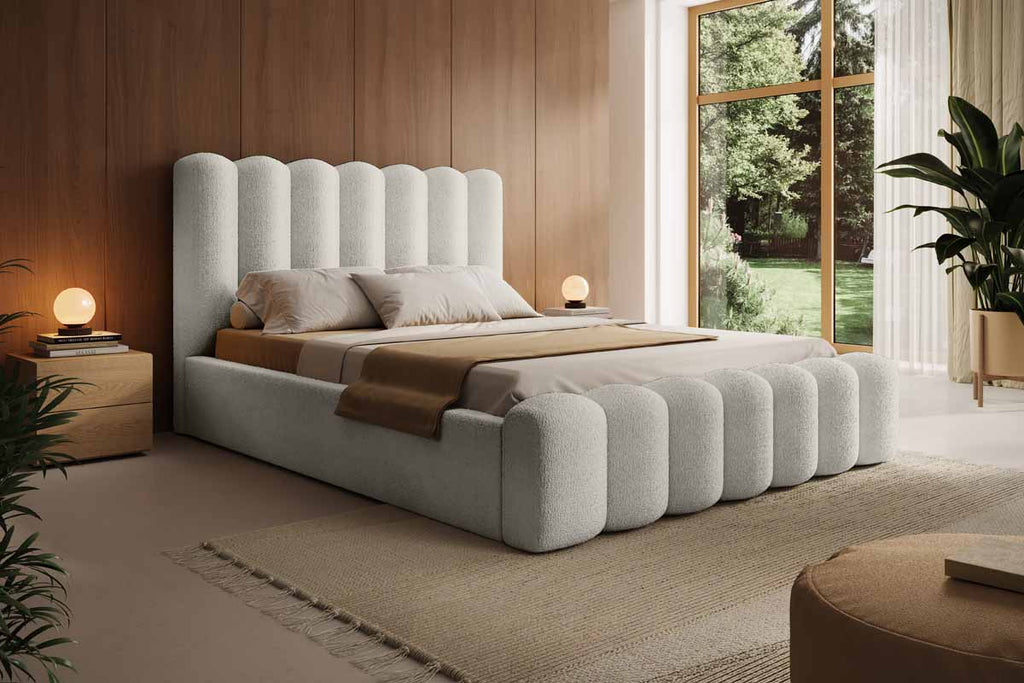 Amore Bouclé Design Polsterbett mit cleverem Stauraum – Luxuriöser Schlafkomfort