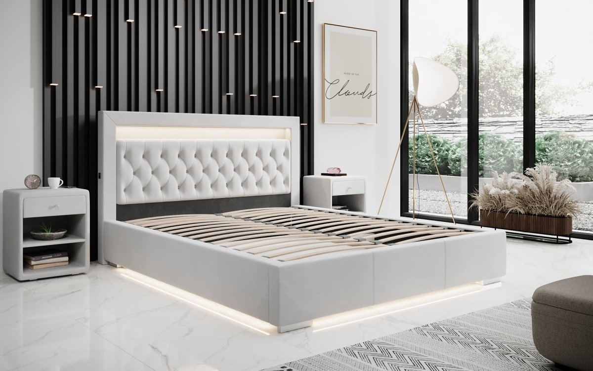 Luxuriöses Samt Polsterbett Ida mit RGB-Beleuchtung, USB-Anschluss und Stauraum