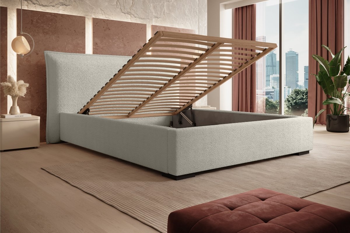 Luxuriöses Designer Bouclé Polsterbett Namino mit Großem Integriertem Stauraum