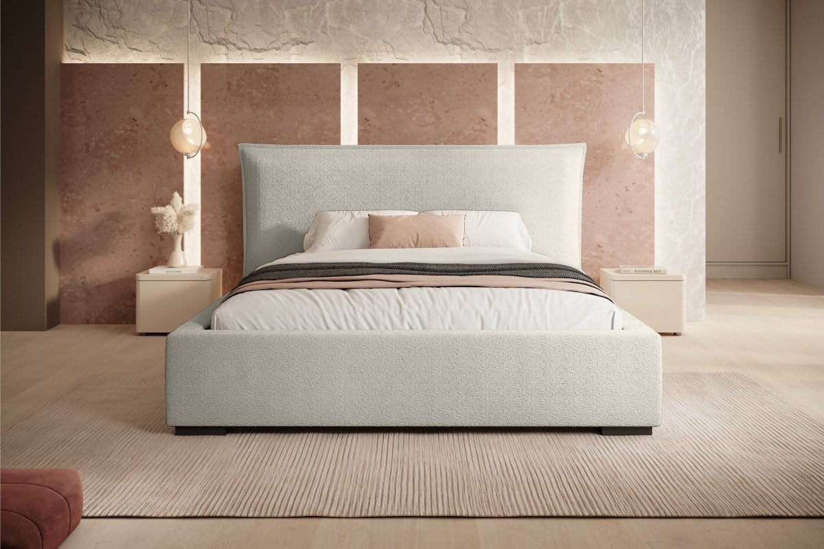 Luxuriöses Designer Bouclé Polsterbett Namino mit Großem Integriertem Stauraum
