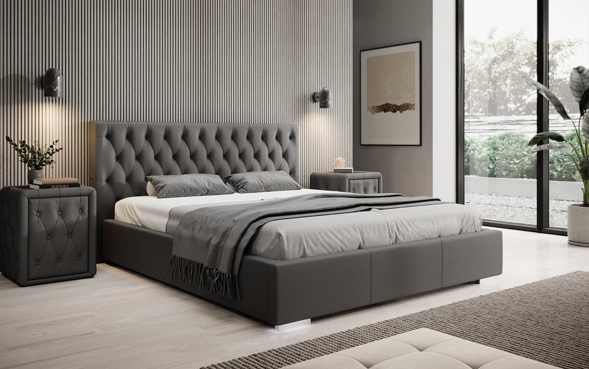 Luxus Designer Polsterbett Porto: LED-Füße, USB-Anschluss, Praktischer Stauraum