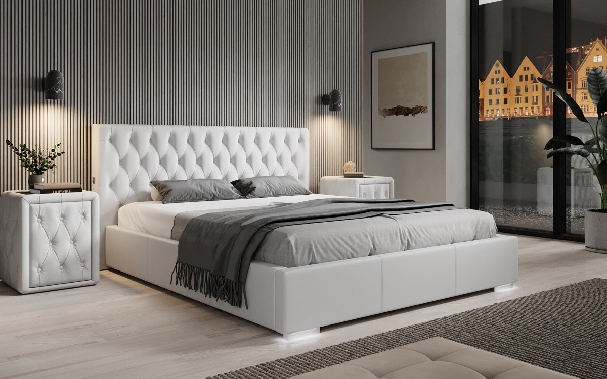 Luxus Designer Polsterbett Porto: LED-Füße, USB-Anschluss, Praktischer Stauraum
