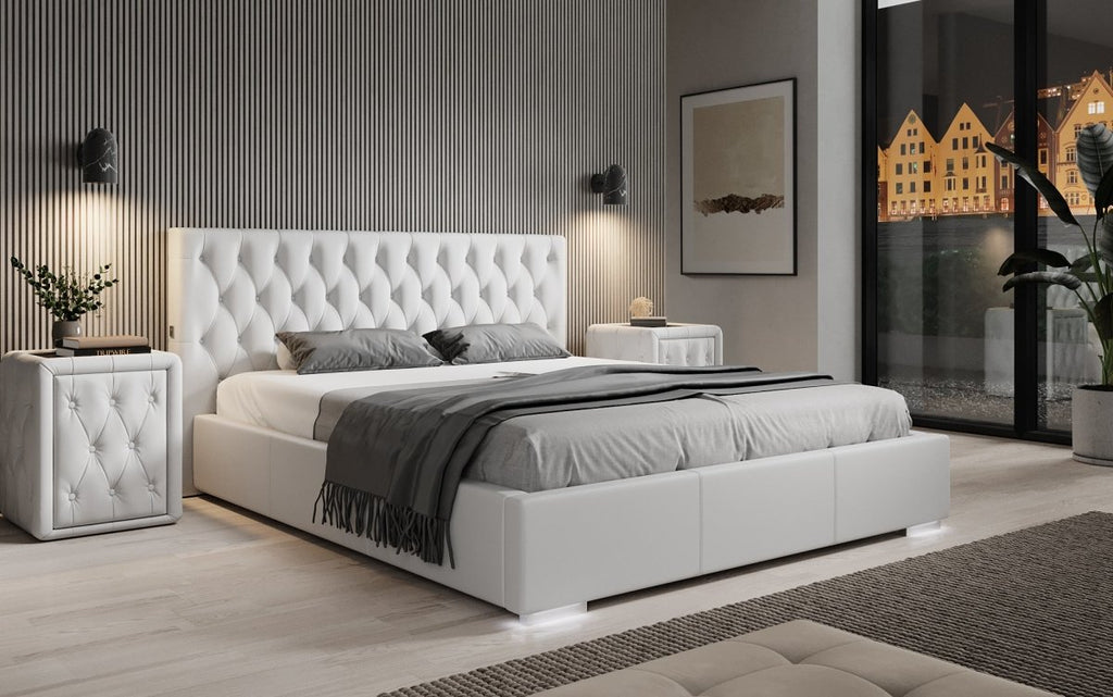 Luxus Designer Polsterbett Porto: LED-Füße, USB-Anschluss, Praktischer Stauraum