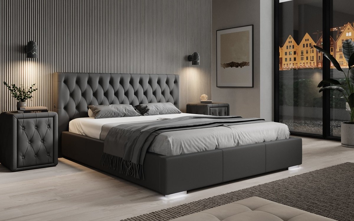 Luxus Designer Polsterbett Porto: LED-Füße, USB-Anschluss, Praktischer Stauraum
