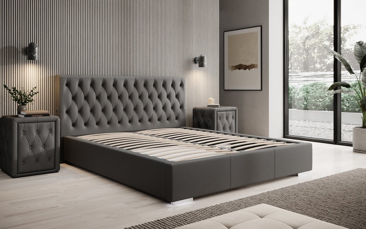 Luxus Designer Polsterbett Porto: LED-Füße, USB-Anschluss, Praktischer Stauraum