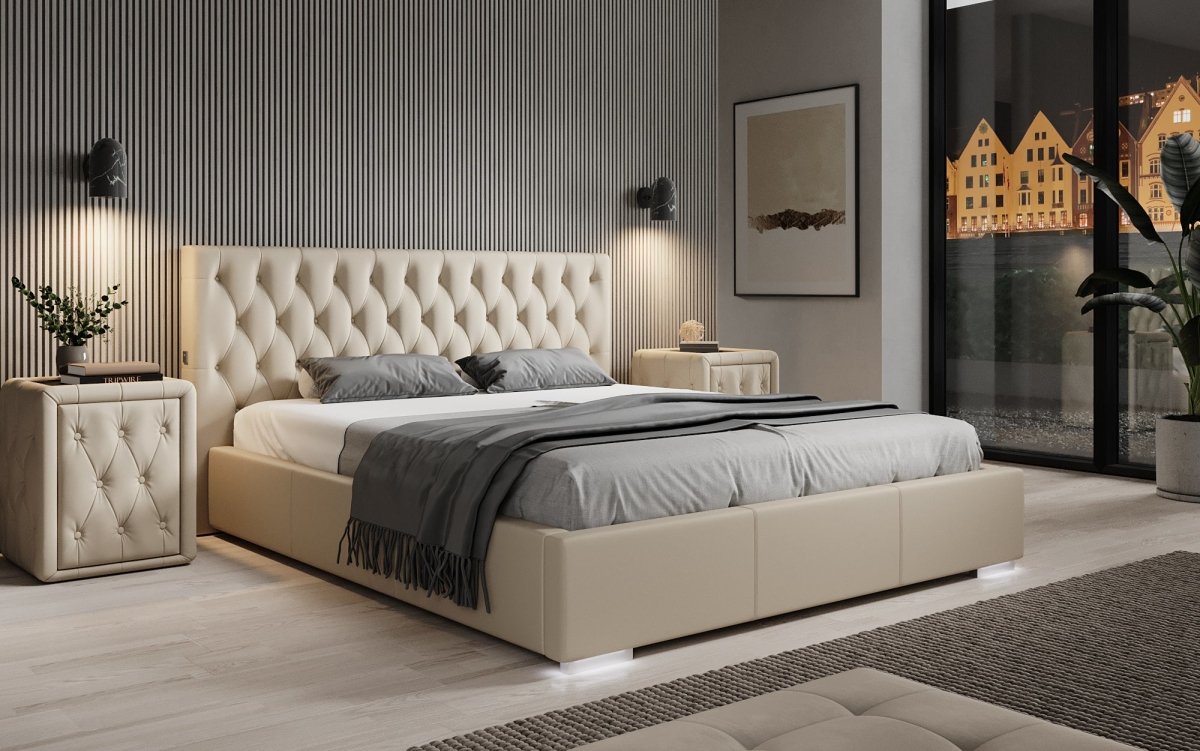 Luxus Designer Polsterbett Porto: LED-Füße, USB-Anschluss, Praktischer Stauraum