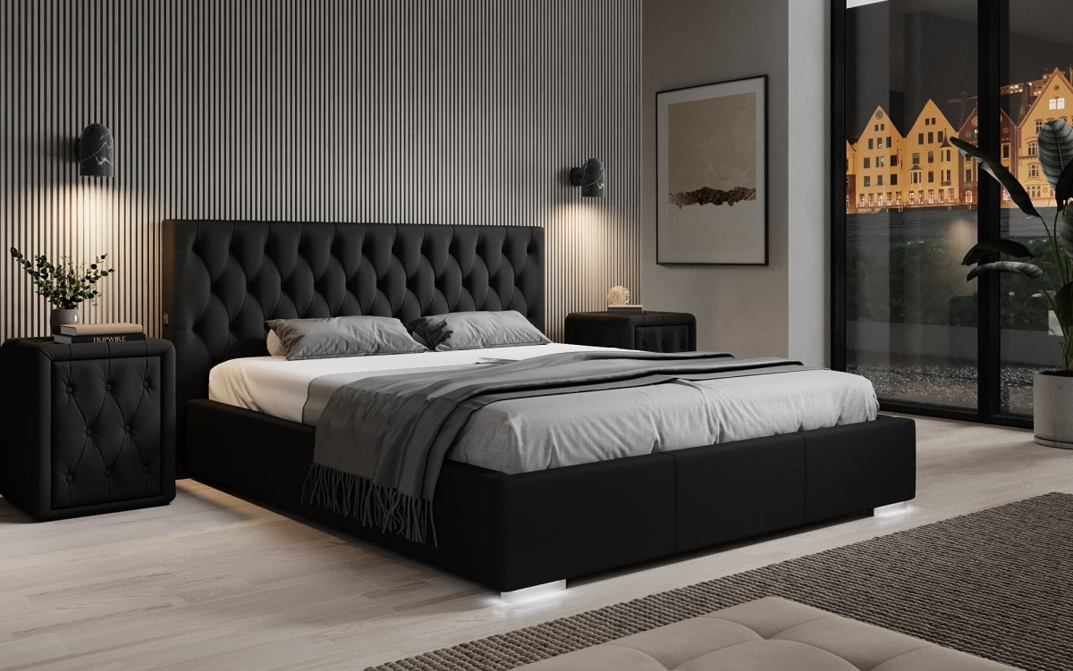 Luxus Designer Polsterbett Porto: LED-Füße, USB-Anschluss, Praktischer Stauraum