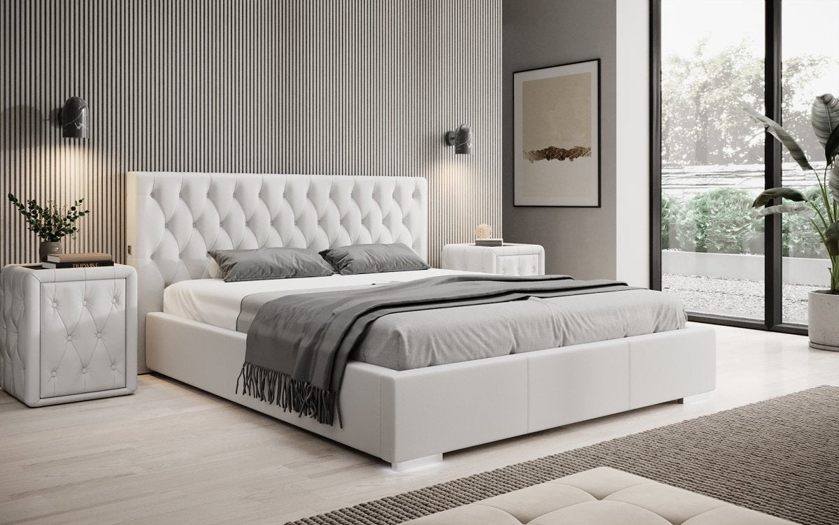 Luxus Designer Polsterbett Porto: LED-Füße, USB-Anschluss, Praktischer Stauraum