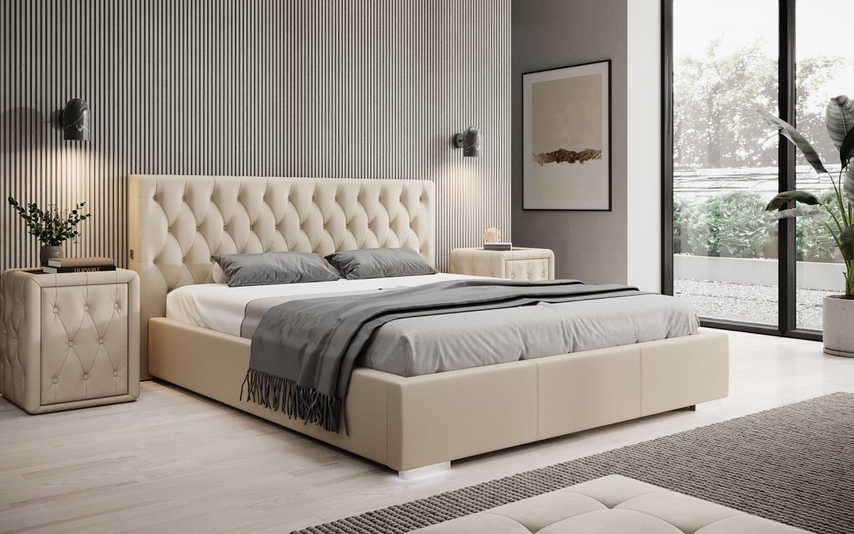 Luxus Designer Polsterbett Porto: LED-Füße, USB-Anschluss, Praktischer Stauraum
