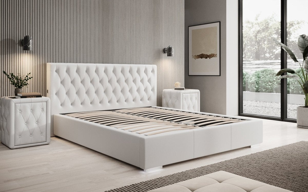 Luxus Designer Polsterbett Porto: LED-Füße, USB-Anschluss, Praktischer Stauraum