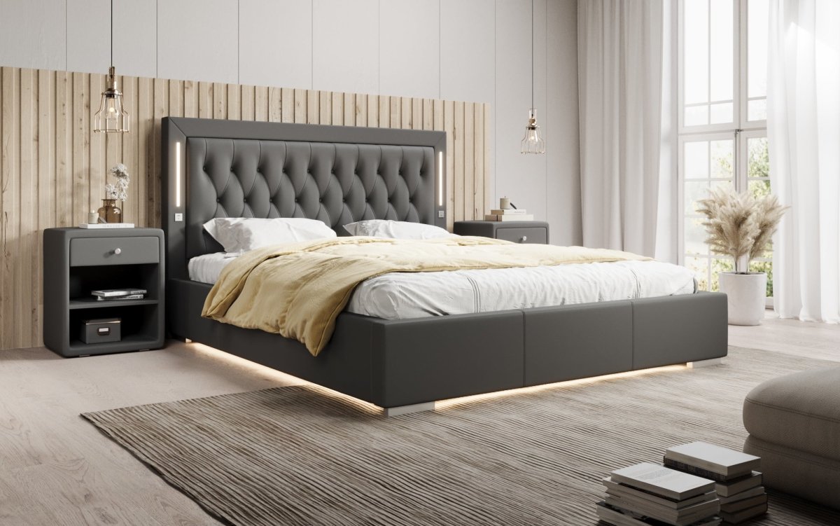Luxuriöses Designer Polsterbett Rio mit RGB-Beleuchtung, USB-Anschluss und Stauraum