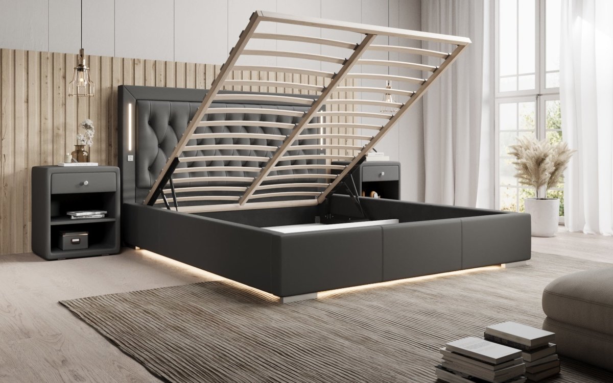 Luxuriöses Designer Polsterbett Rio mit RGB-Beleuchtung, USB-Anschluss und Stauraum