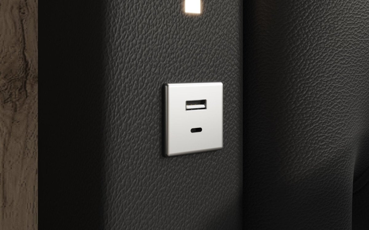 Luxuriöses Designer Polsterbett Rio mit RGB-Beleuchtung, USB-Anschluss und Stauraum