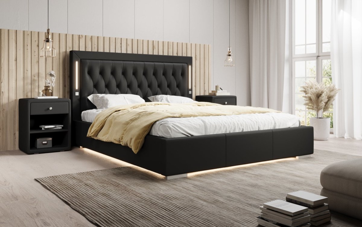 Luxuriöses Designer Polsterbett Rio mit RGB-Beleuchtung, USB-Anschluss und Stauraum