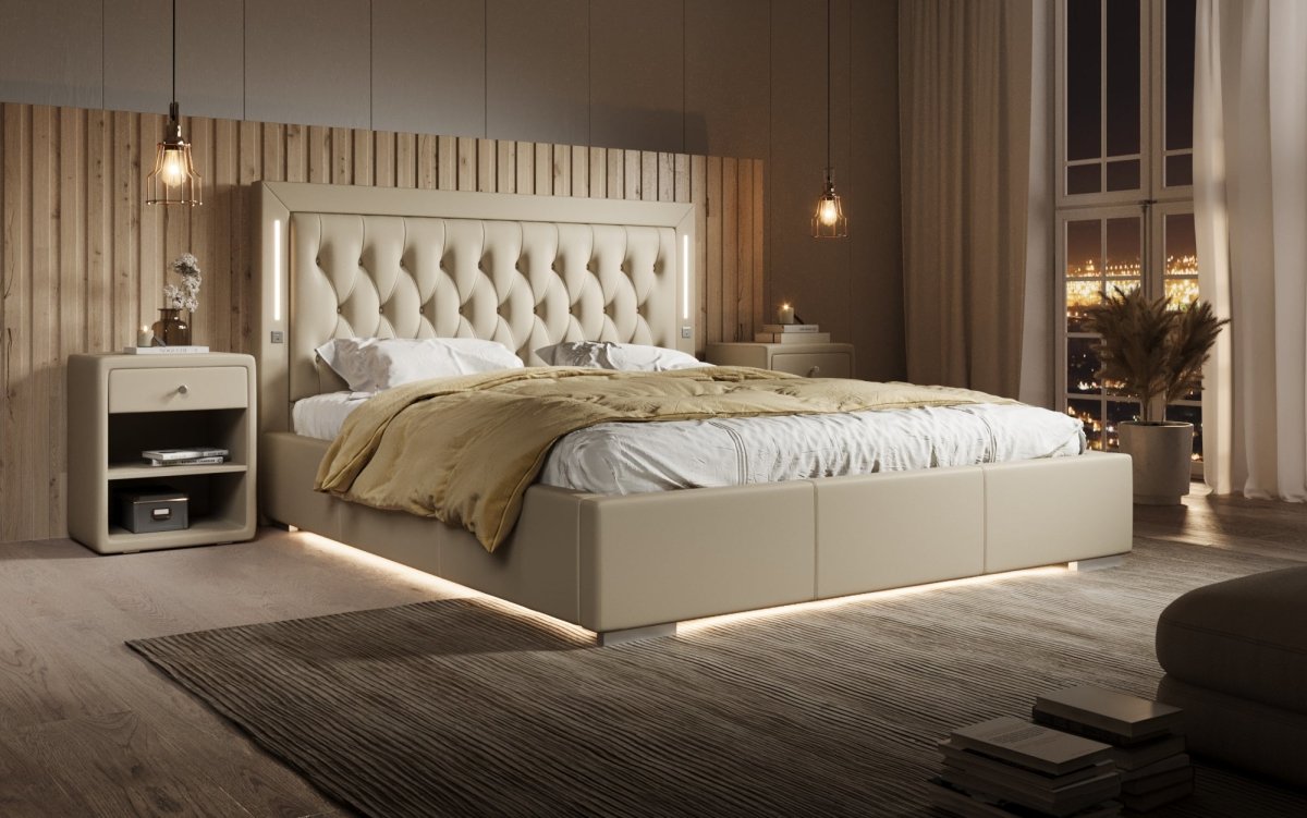 Luxuriöses Designer Polsterbett Rio mit RGB-Beleuchtung, USB-Anschluss und Stauraum