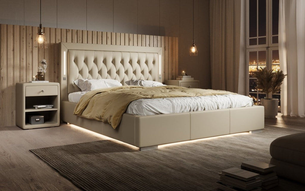 Luxuriöses Designer Polsterbett Rio mit RGB-Beleuchtung, USB-Anschluss und Stauraum