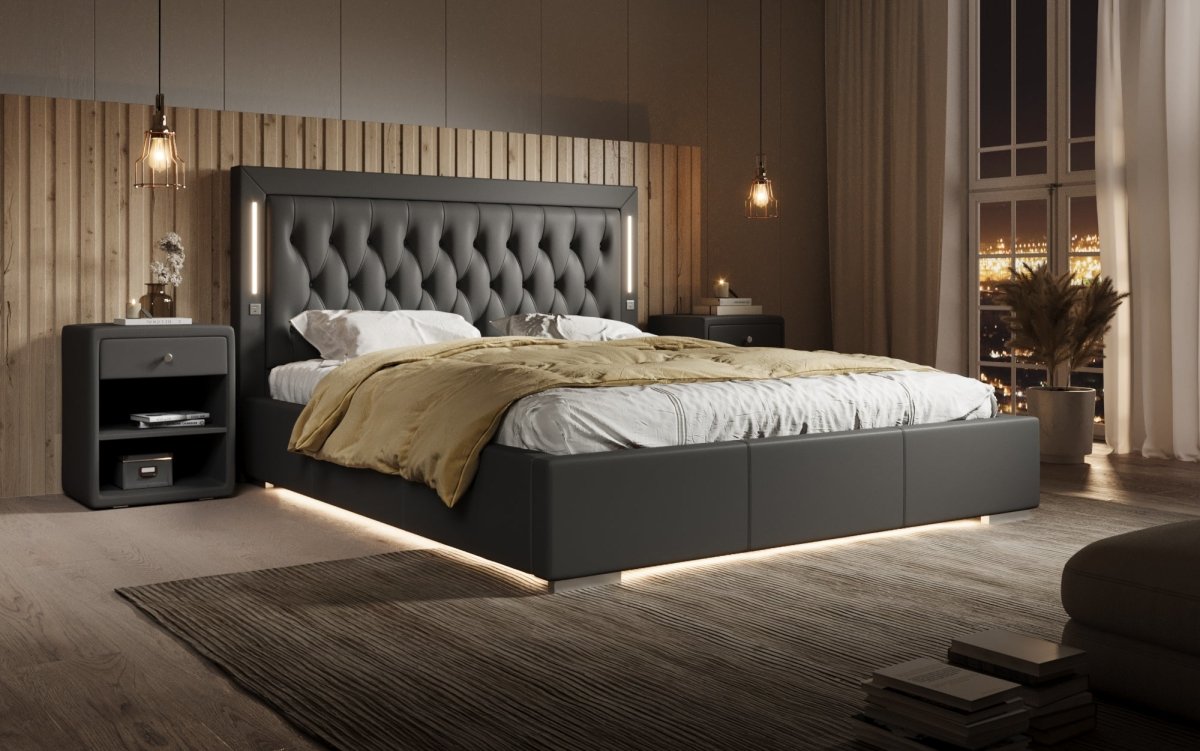 Luxuriöses Designer Polsterbett Rio mit RGB-Beleuchtung, USB-Anschluss und Stauraum