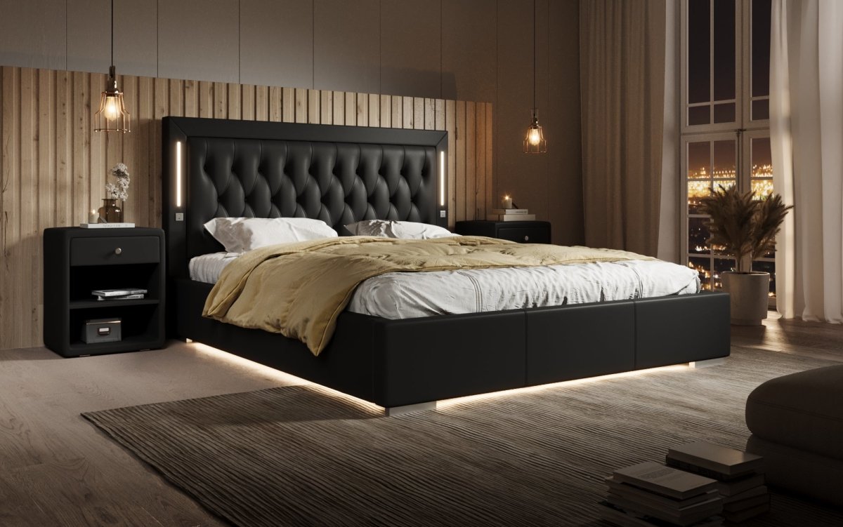 Luxuriöses Designer Polsterbett Rio mit RGB-Beleuchtung, USB-Anschluss und Stauraum