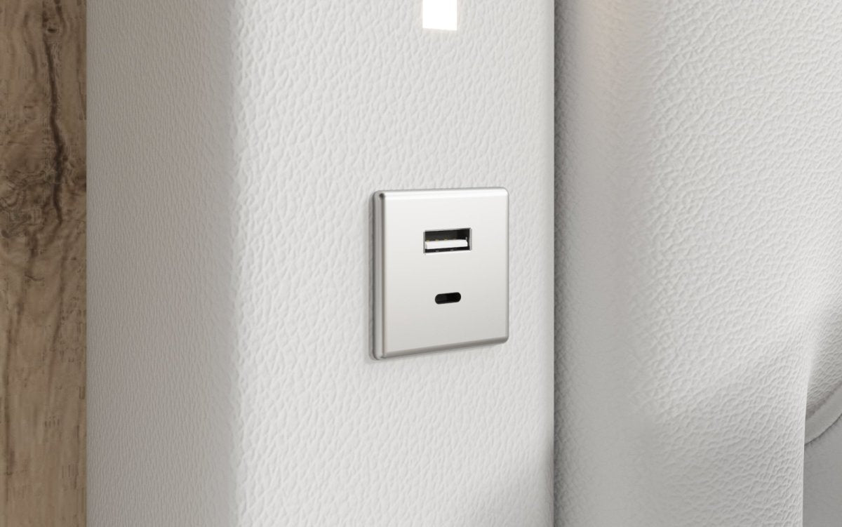 Luxuriöses Designer Polsterbett Rio mit RGB-Beleuchtung, USB-Anschluss und Stauraum